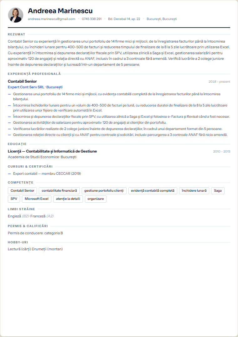 Exemplu de CV generat — template Clasic